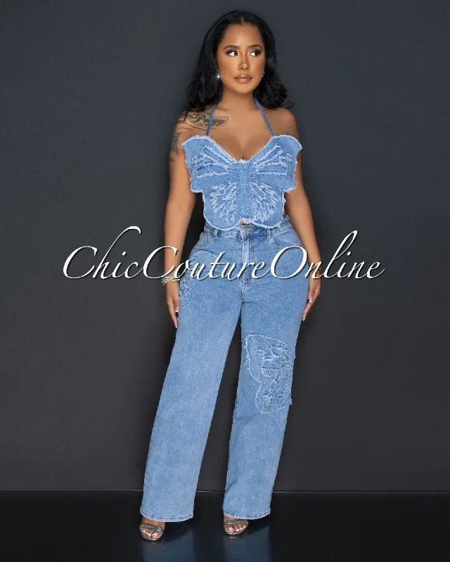 Nisha Butterfly Open Back Top & Wide Jeans Set Stylish Shredded Denim Jeans