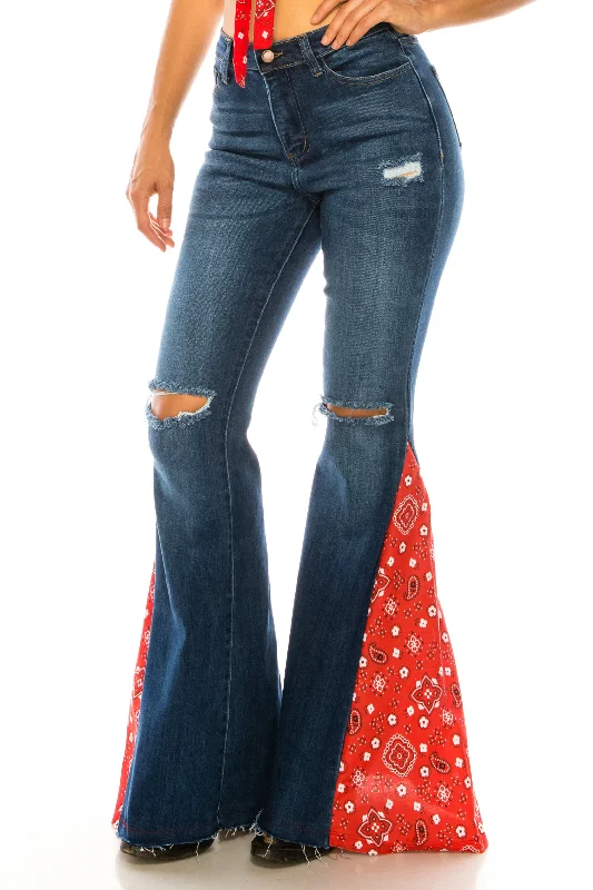 BANDANA PRINT FLARE BELL BOTTOM JEANS Casual Bootcut Ripped Jeans