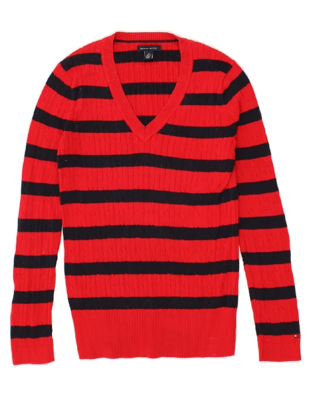 TOMMY HILFIGER Womens V-Neck Jumper Sweater UK 12 Medium Red Striped Layered Multi-layer Single Layer