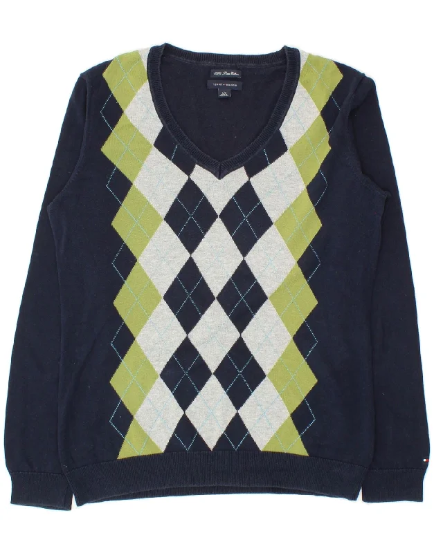 TOMMY HILFIGER Mens V-Neck Jumper Sweater Large Navy Blue Argyle/Diamond Casual Formal Business