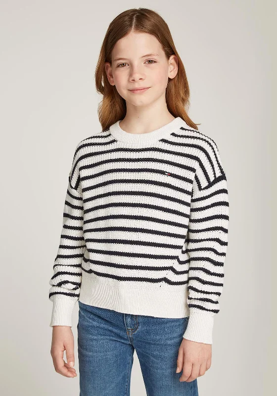 Tommy Hilfiger Girl Striped Knit Sweater, White and Navy Chenille Blend Fleece Blend Nylon Blend