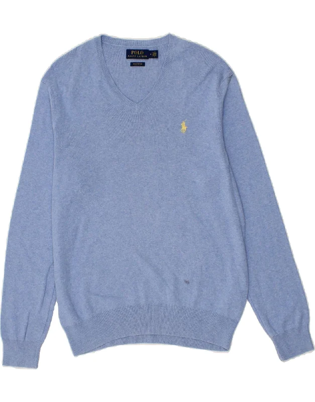 POLO RALPH LAUREN Mens V-Neck Jumper Sweater Medium Blue Cotton Front Pockets Side Pockets Patch Pockets