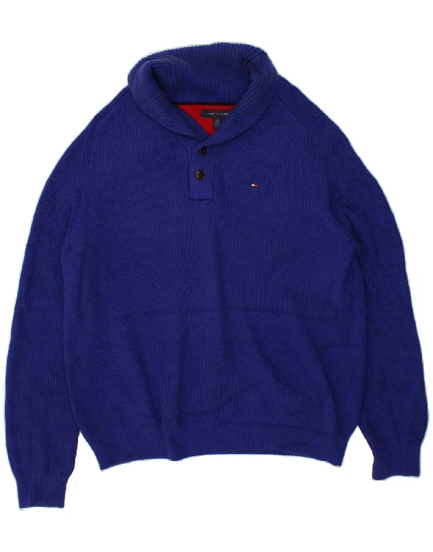 TOMMY HILFIGER Mens Shawl Neck Jumper Sweater Large Blue Modern Contemporary Chic