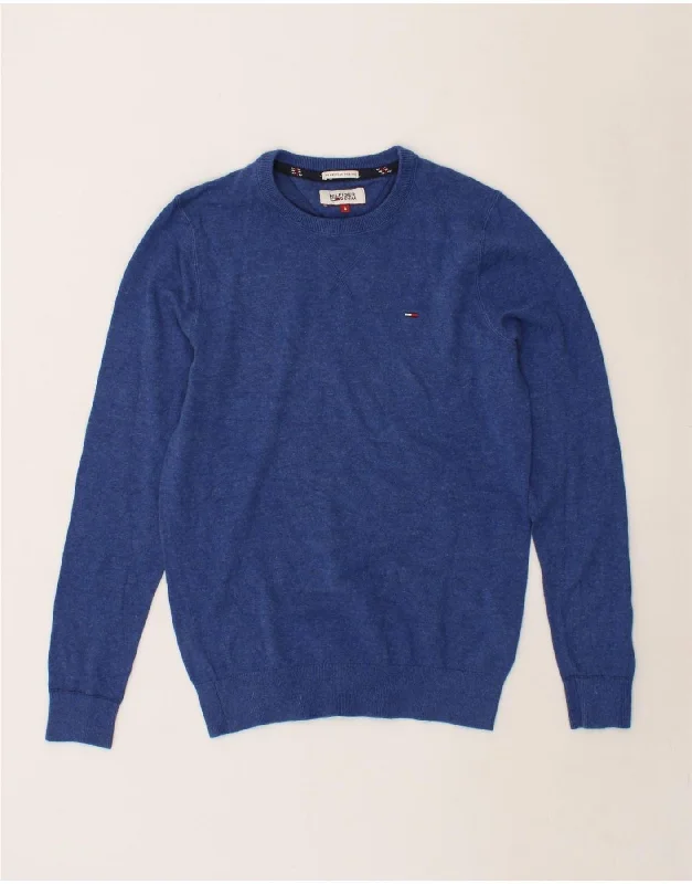 TOMMY HILFIGER Mens Crew Neck Jumper Sweater Small Blue Welt Pockets Slit Pockets Flap Pockets