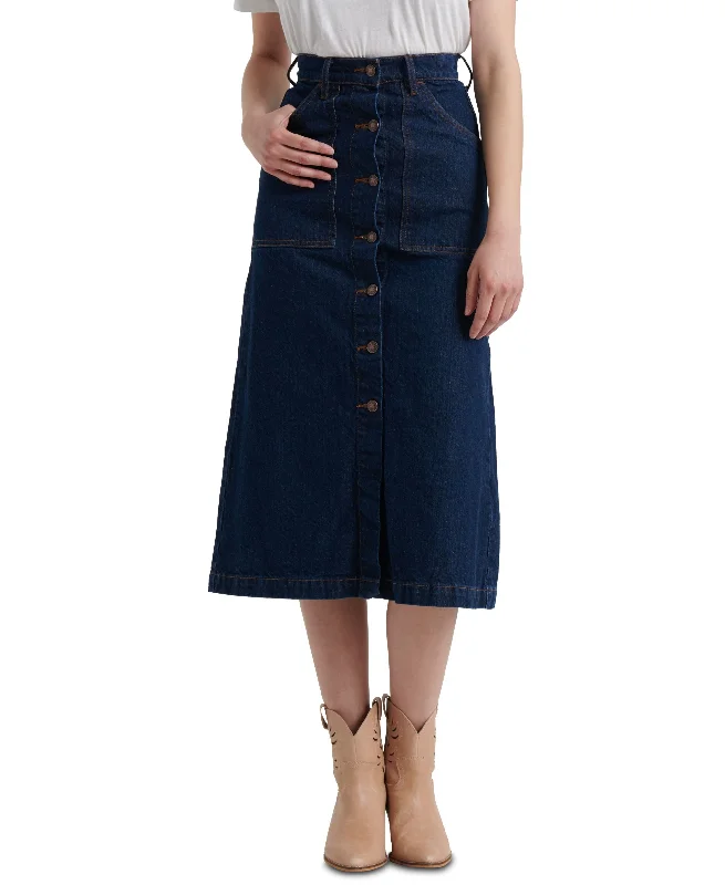 Lucky Brand High Rise Button Up Midi Jean Skirt Elegant High-Waisted Flared Jeans