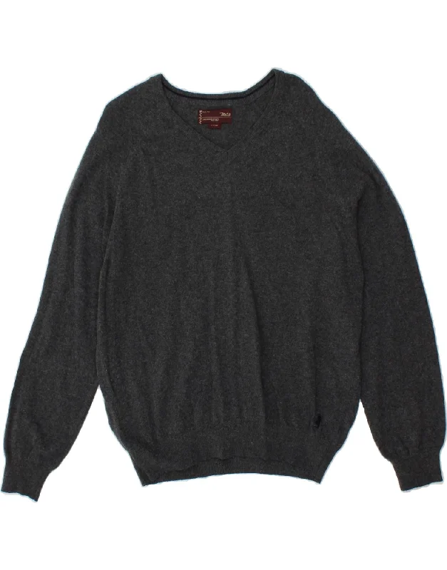 MARLBORO CLASSICS Mens V-Neck Jumper Sweater Large Grey Wool Wool Fabric Cashmere Fabric Tweed Fabric