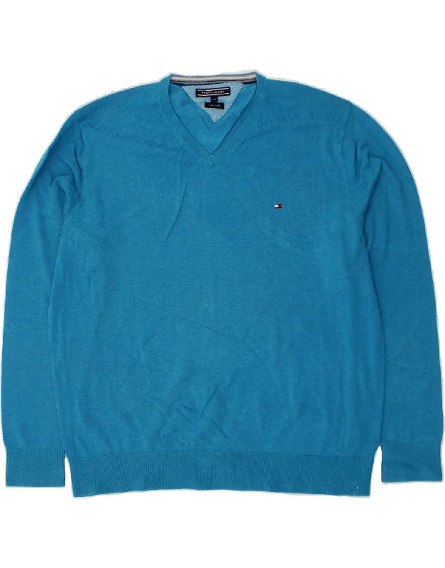 TOMMY HILFIGER Mens V-Neck Jumper Sweater 2XL Blue Cotton Slim Fit Regular Fit Oversized