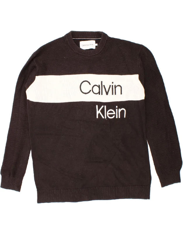 CALVIN KLEIN JEANS Mens Crew Neck Jumper Sweater XL Black Colourblock Zippered Front Buttoned Front Snap Front