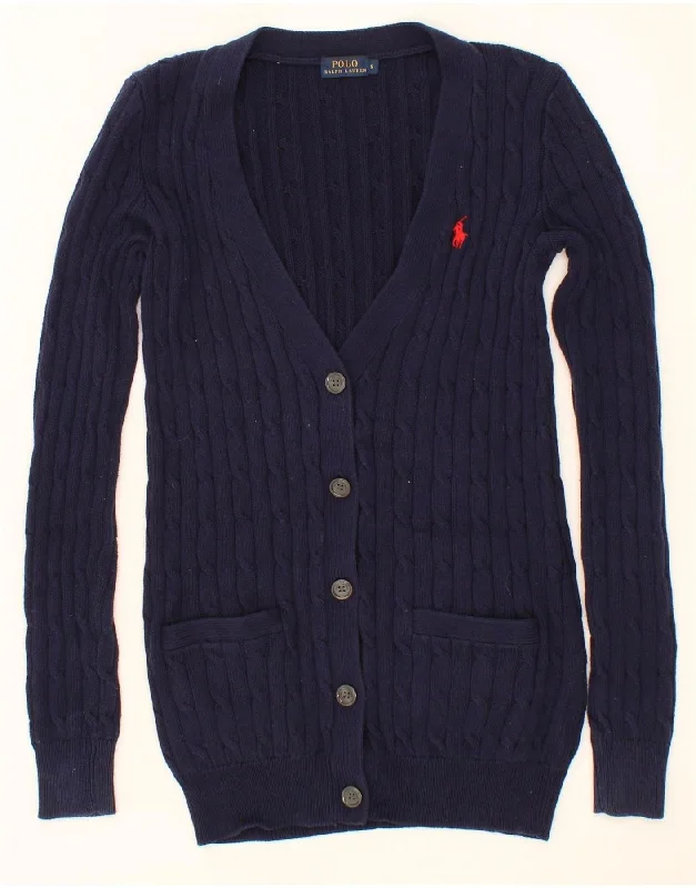 POLO RALPH LAUREN Womens Cardigan Sweater UK 10 Small Navy Blue Cotton Seamless Knitted Crochet