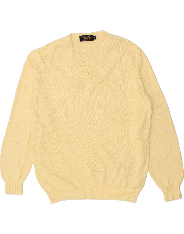 BROOKS BROTHERS Mens V-Neck Jumper Sweater Medium Yellow Cotton Toggled Drawstring Belted