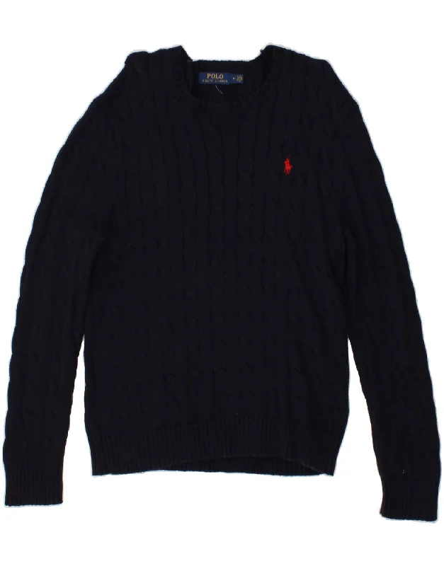 POLO RALPH LAUREN Mens Boat Neck Jumper Sweater Medium Navy Blue Cotton Mesh Sweater Canvas Denim