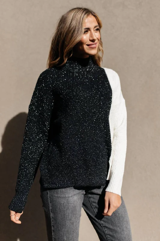 Mostly Dark Turtle Neck Sweater In White/speckled Black Polka Dot Checkered Tartan