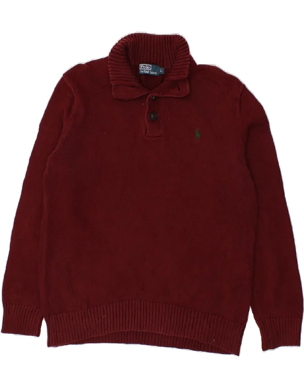 POLO RALPH LAUREN Mens Button Neck Jumper Sweater Large Burgundy Cotton Wool Fabric Cashmere Fabric Tweed Fabric