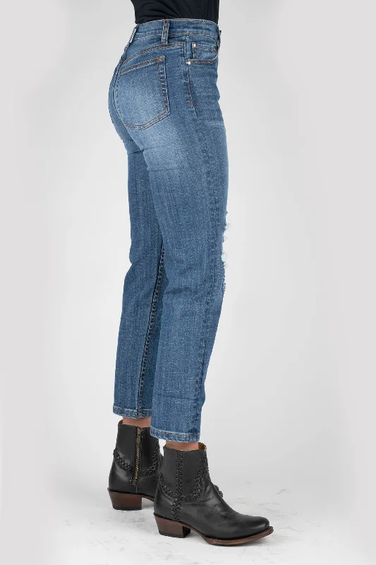 WOMENS HIGHRISE STRAIGHT CROP JEANS Chic Rolled Cuff Denim Jeans