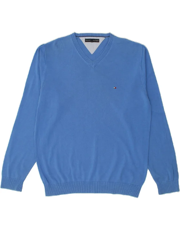 TOMMY HILFIGER Mens V-Neck Jumper Sweater XL Blue Cotton Terry Blend Velvet Blend Canvas Blend