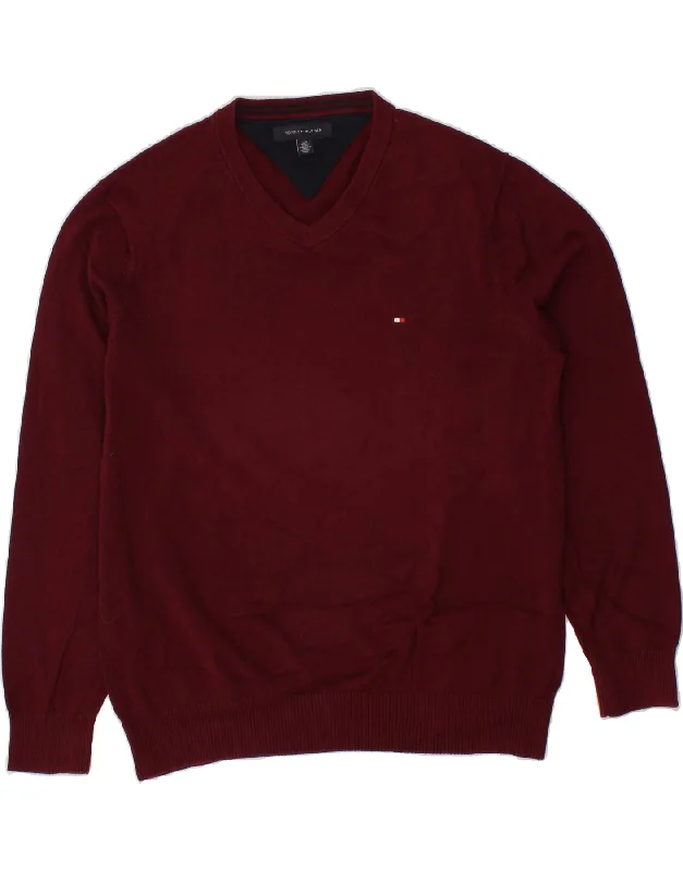 TOMMY HILFIGER Mens V-Neck Jumper Sweater Large Maroon Stylish Fashionable Trendy