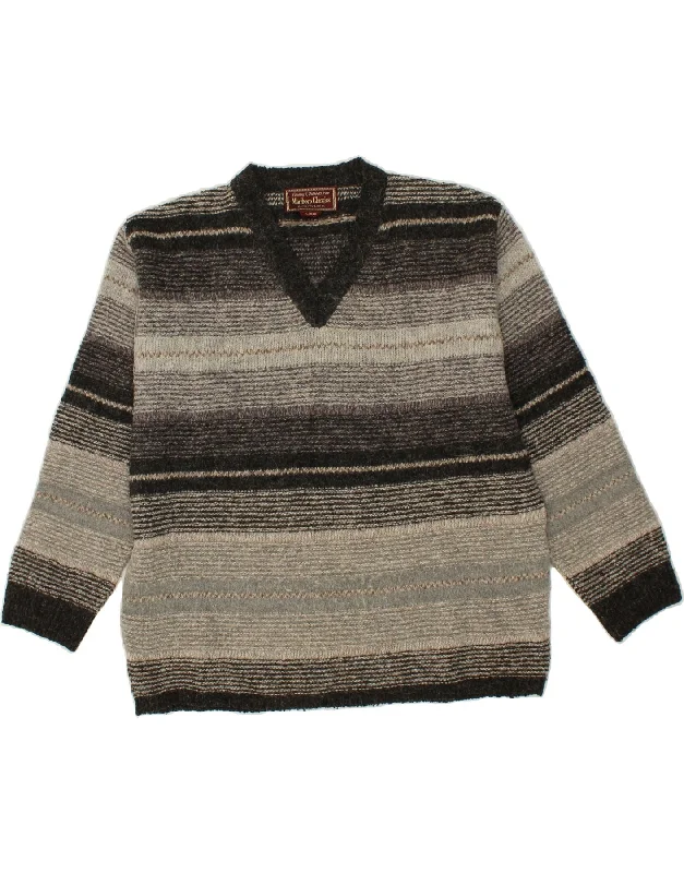 MARLBORO CLASSICS Mens V-Neck Jumper Sweater Large Grey Striped Wool Transparent Opaque Sheer