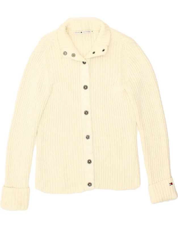 TOMMY HILFIGER Womens Cardigan Sweater UK 14 Medium White Cotton Stretchy Elastic Breathable