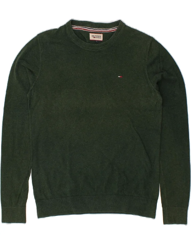 TOMMY HILFIGER Mens Crew Neck Jumper Sweater Large Green Cotton Polka Dot Checkered Tartan