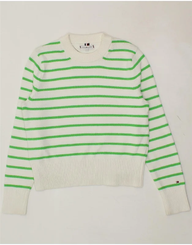 TOMMY HILFIGER Womens Crew Neck Jumper Sweater UK 14 Medium White Striped Fleece Sweater Nylon Polyester