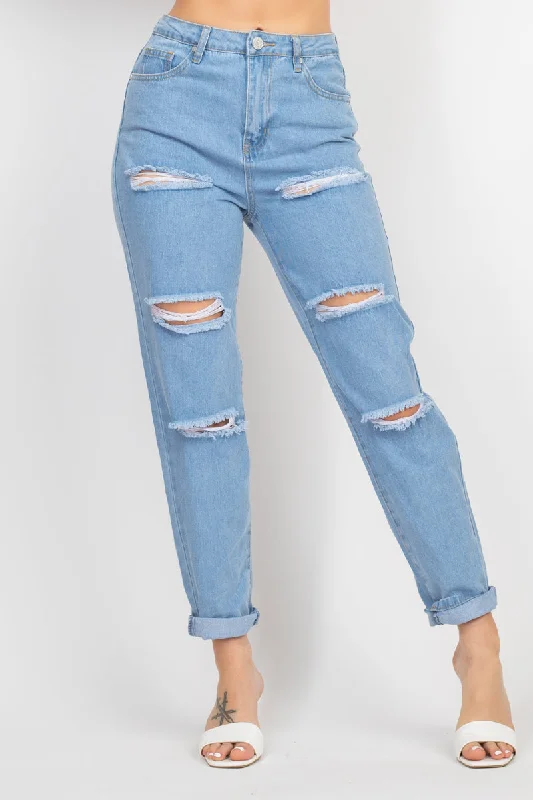 Rolled Hem Ripped Denim Jeans Classic Blue Denim Jeans