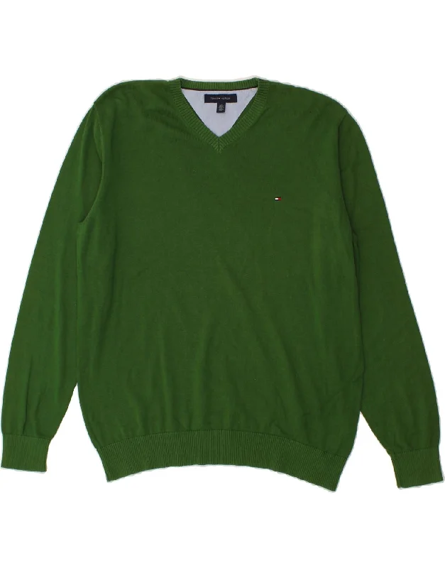 TOMMY HILFIGER Mens V-Neck Jumper Sweater Large Green Cotton Iron Safe Non-Iron Wrinkle Free