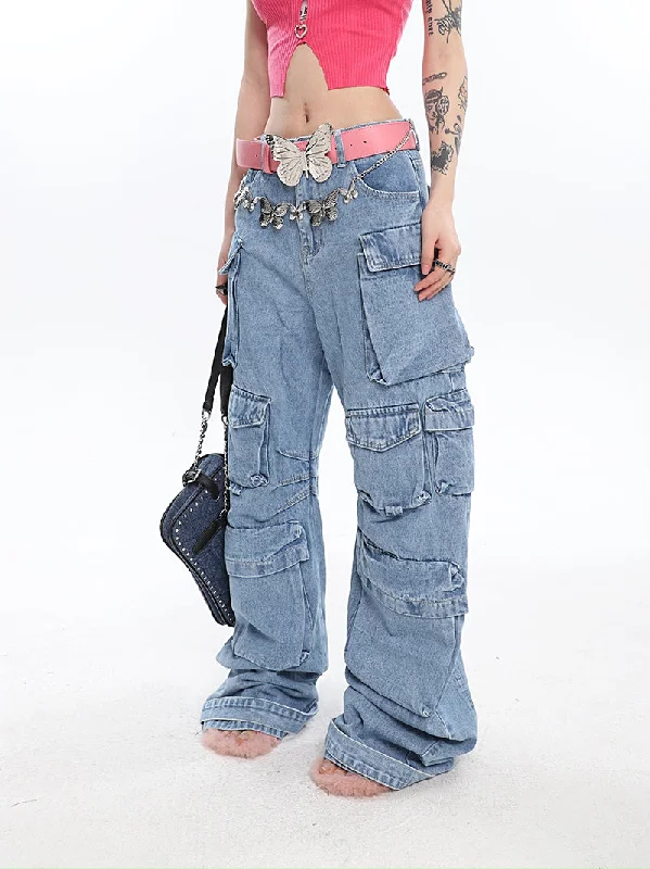 Cory Denim Blue Vintage Multi Pocket Wide Leg High Waist Jeans Cargo Pants Comfortable Low-Rise Jeans