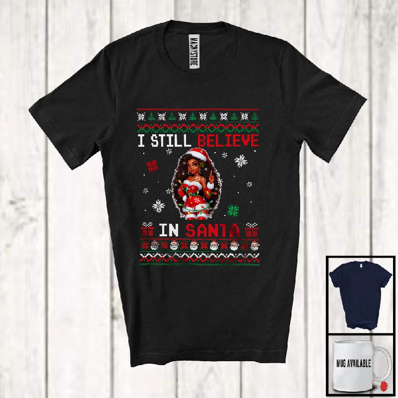 I Still Believe In Santa; Humorous Christmas Sweater Afro Women Santa; Black African Family T-Shirt Faux Fur Fabric Real Fur Fabric Shearling Fabric