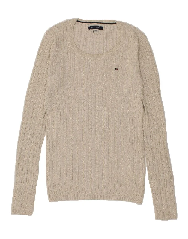 TOMMY HILFIGER Womens Boat Neck Jumper Sweater UK 6 XS Beige Cotton Turtle Neck Boat Neck Asymmetrical Neck