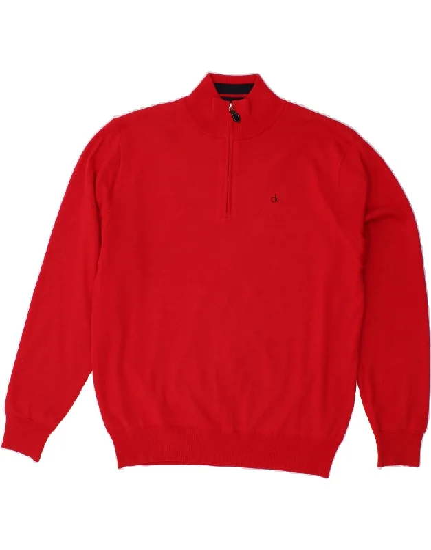 CALVIN KLEIN Mens Zip Neck Jumper Sweater Large Red Cotton Mesh Sweater Canvas Denim