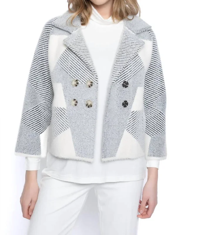 Double-Breasted Sweater Jacket In Grey/off-White Graphic Sweater Embroidered Appliqued