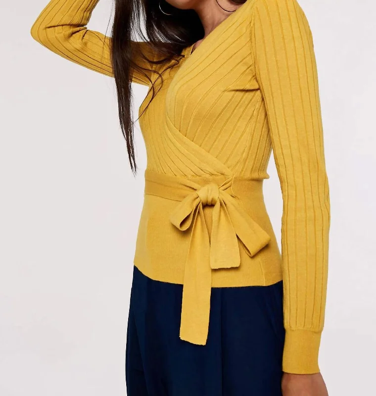 Mustard Wrap Sweater Knit In Yellow Neon Metallic Matte