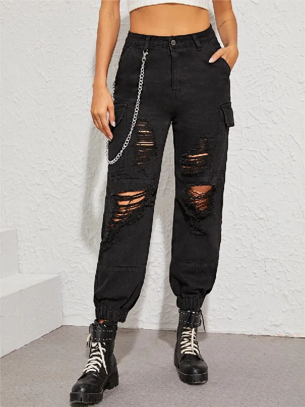 Flap Pocket Side Ripped Cargo Jeans With Chain Elegant High-Waisted Flared Jeans