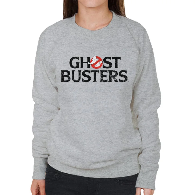 Ghostbusters Faded Black Text Logo Women's Sweatshirt Hoodie with Hem Frayed Vintage Worn