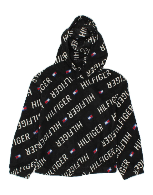 TOMMY HILFIGER Girls Graphic Hooded Fleece Jumper 8-9 Years Medium Black Spandex Blend Rayon Blend Denim Blend