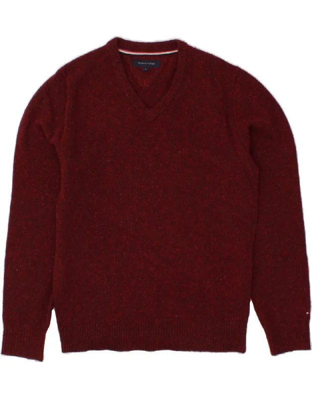 TOMMY HILFIGER Mens V-Neck Jumper Sweater Large Burgundy Flecked Lambswool Long Sweater Short Sweater Cropped Sweater