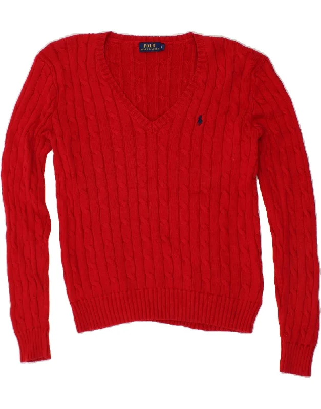 POLO RALPH LAUREN Womens V-Neck Jumper Sweater UK 16 Large Red Cotton Oversized Loose Flowy