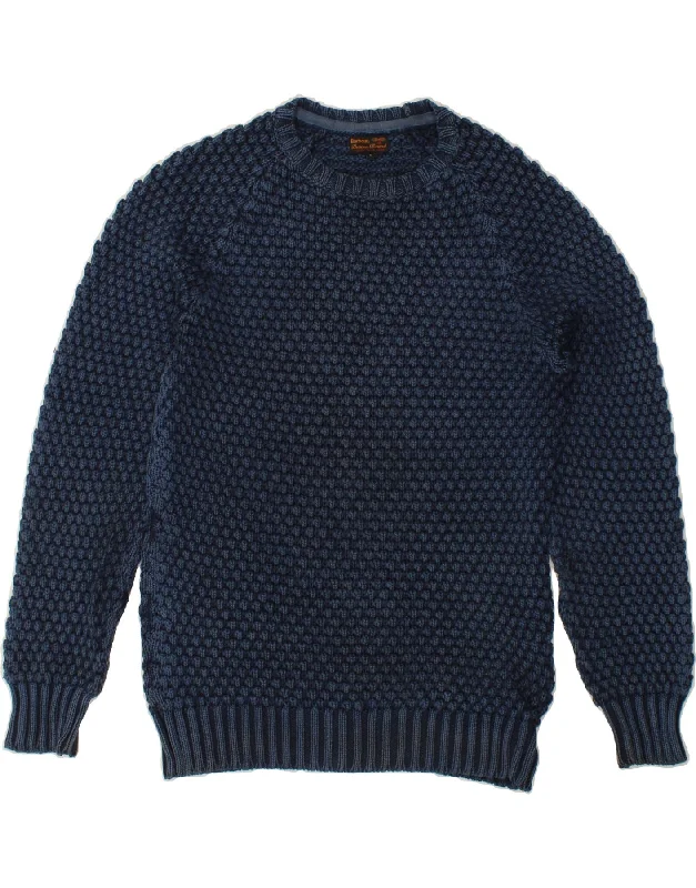 BARBOUR Mens Crew Neck Jumper Sweater Medium Navy Blue Cotton Solid Print Embellished