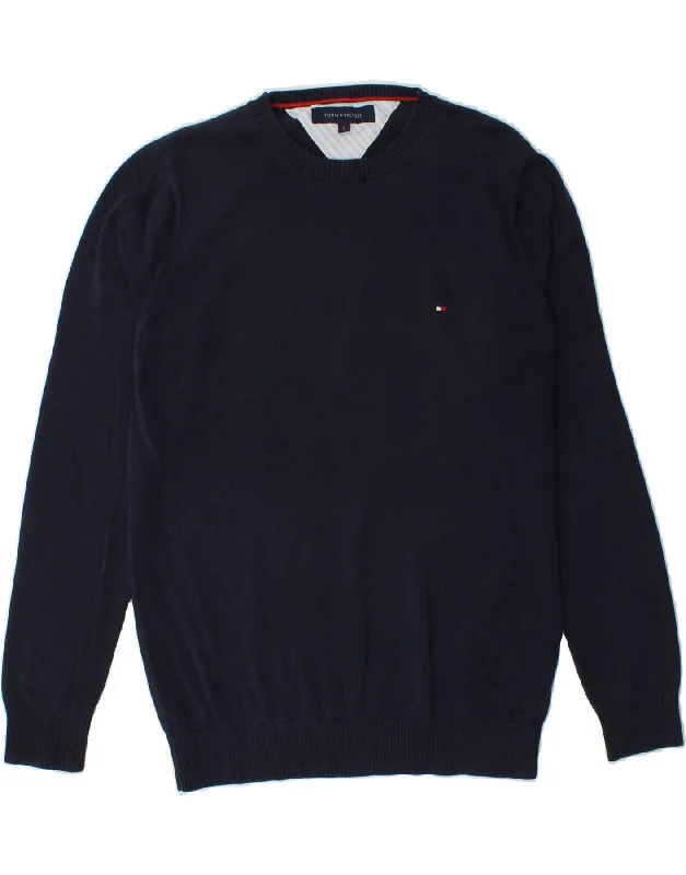 TOMMY HILFIGER Mens Crew Neck Jumper Sweater Small Navy Blue Cotton Welt Pockets Slit Pockets Flap Pockets