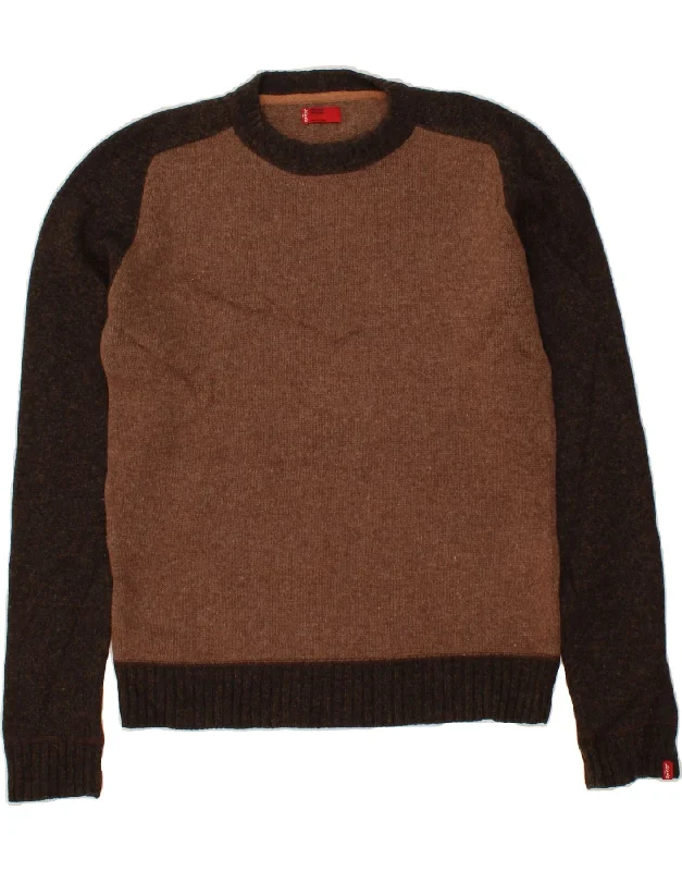 LEVI'S Mens Crew Neck Jumper Sweater Medium Brown Colourblock Wool Seamless Knitted Crochet