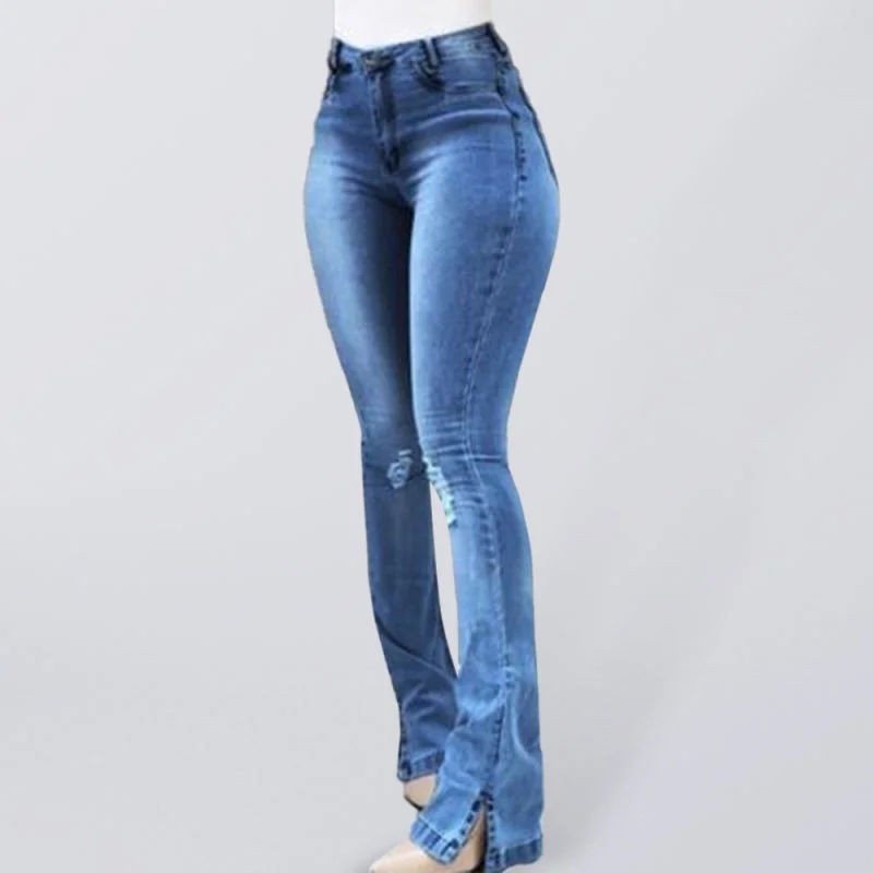 Women's High Waist Slit Hem Flare Jeans Trendy Button-Up High-Waist Jeans