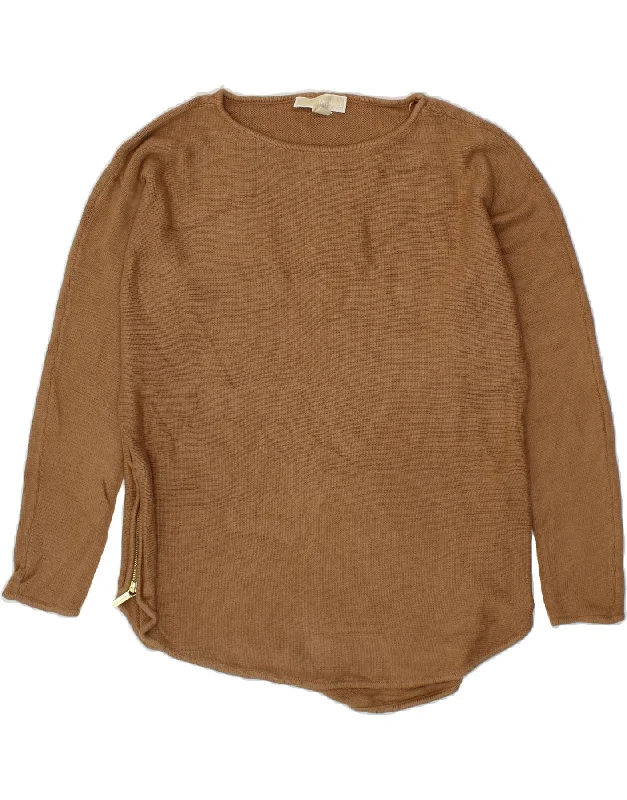 MICHAEL KORS Womens Boat Neck Jumper Sweater UK 14 Medium Brown Mesh Sweater Canvas Denim