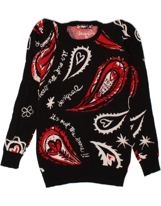 DESIGUAL Womens Crew Neck Jumper Sweater UK 12 Medium Black Paisley Slim Fit Regular Fit Oversized