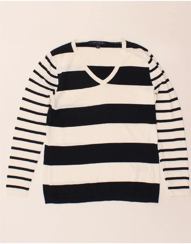 TOMMY HILFIGER Womens V-Neck Jumper Sweater UK 12 Medium White Striped Zippered Front Buttoned Front Snap Front