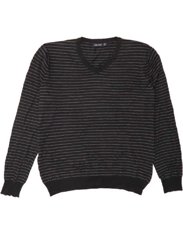 NAUTICA Mens V-Neck Jumper Sweater Large Black Striped Silk Collared Crew Neck Turtle Neck