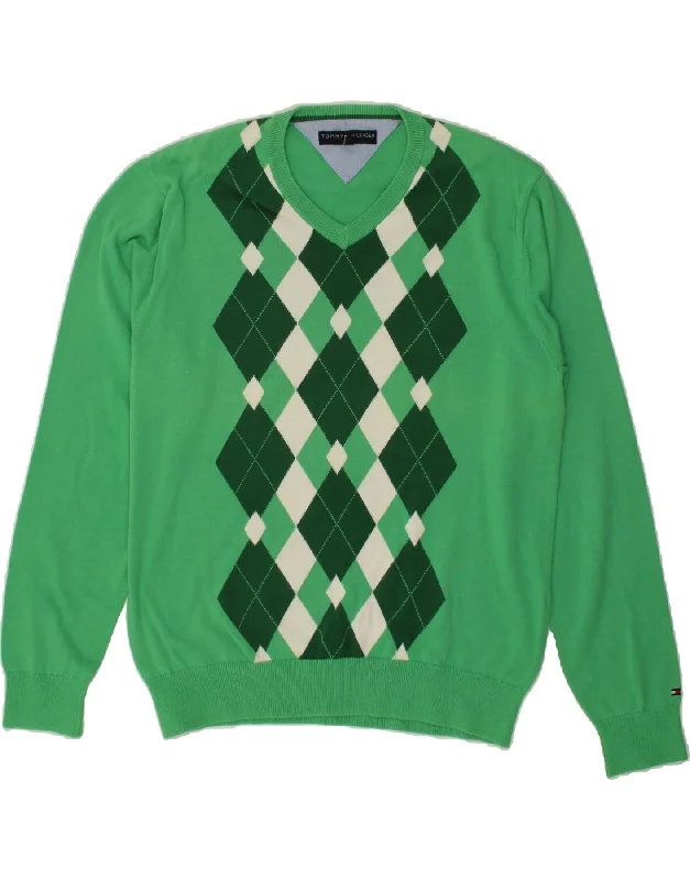 TOMMY HILFIGER Mens Golf V-Neck Jumper Sweater Medium Green Argyle/Diamond Tailored Straight A-Line