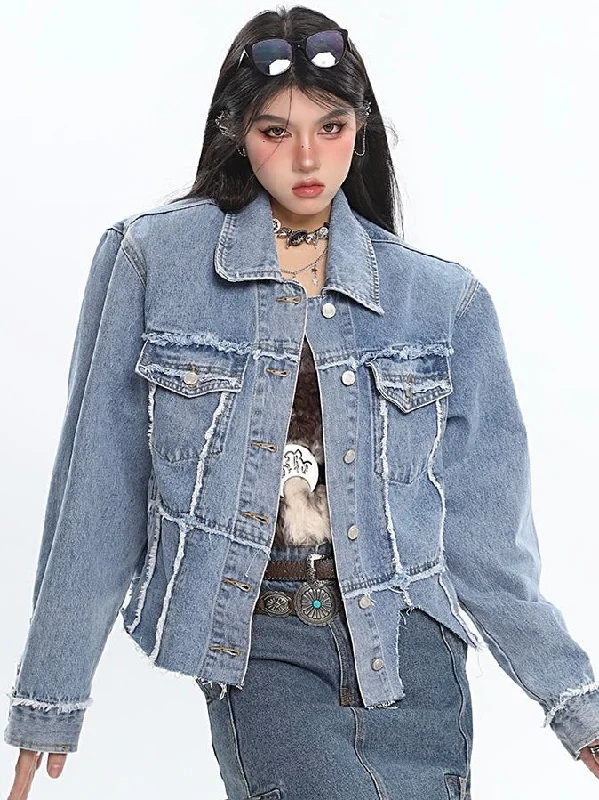 Chrissy Distressed Patchwork Denim Blue Shoulder Padded Button Up Jeans Jacke Stylish Tapered Fit Jeans