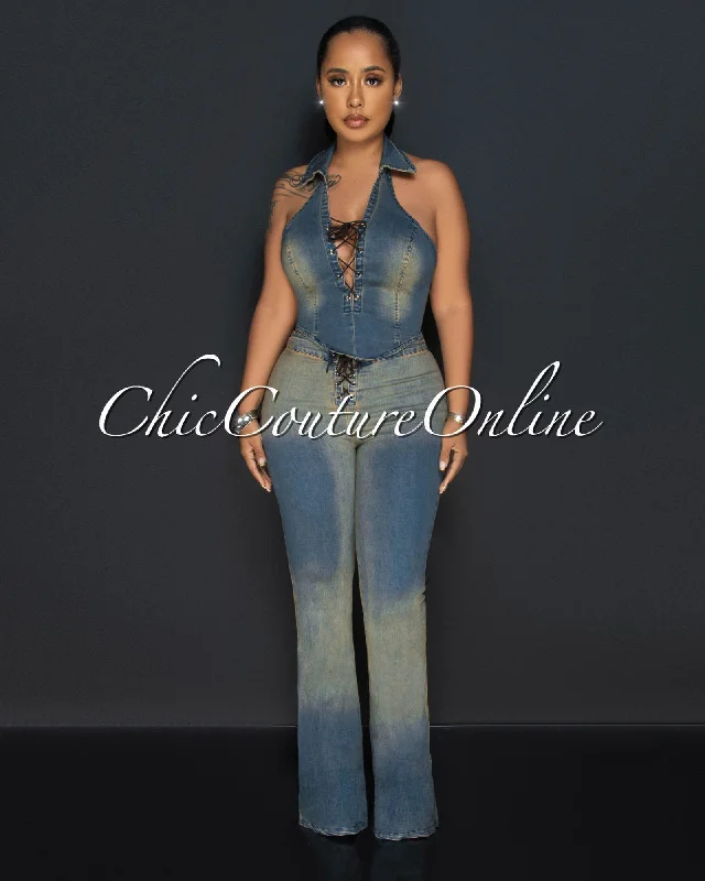 Destiny Dark Blue Brown Halter Top & Lace-Up Jeans Set Fashionable Straight Fit Denim