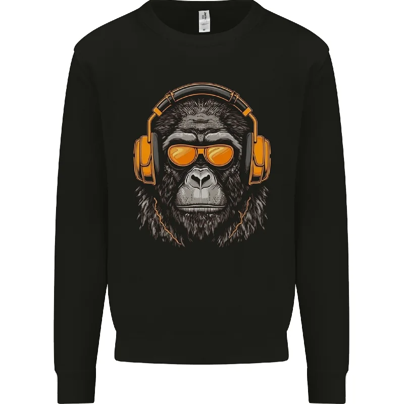 A Gorilla with Headphones Music DJ Mens Sweatshirt Jumper Hoodie with Back Slit Movement Comfort