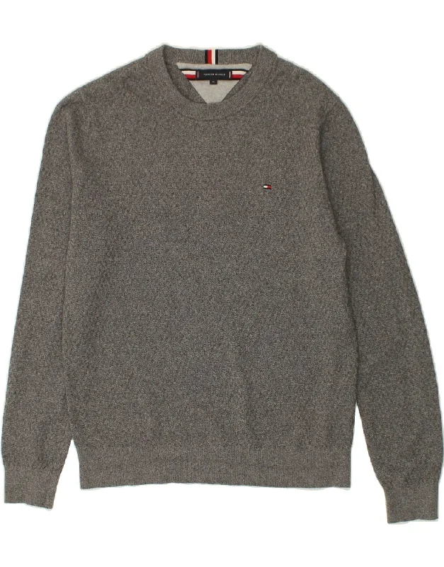 TOMMY HILFIGER Mens Crew Neck Jumper Sweater XL Grey Cotton Mesh Fabric Canvas Fabric Denim Fabric